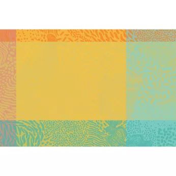 Set pur coton enduit motif jacquard bleu jaune orange Mille vagues exotique