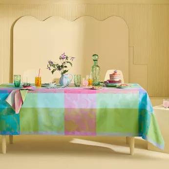 Tablecloth 100% cotton jacquard pattern blue pink green Mille vertiges ara