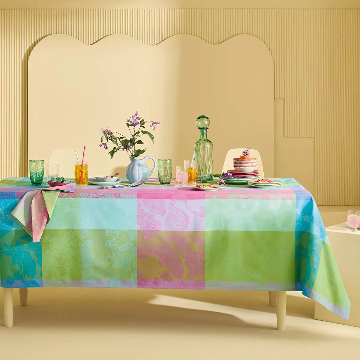 Tischdecke reine baumwolle jacquard-muster grün blau rosa Mille vertiges ara