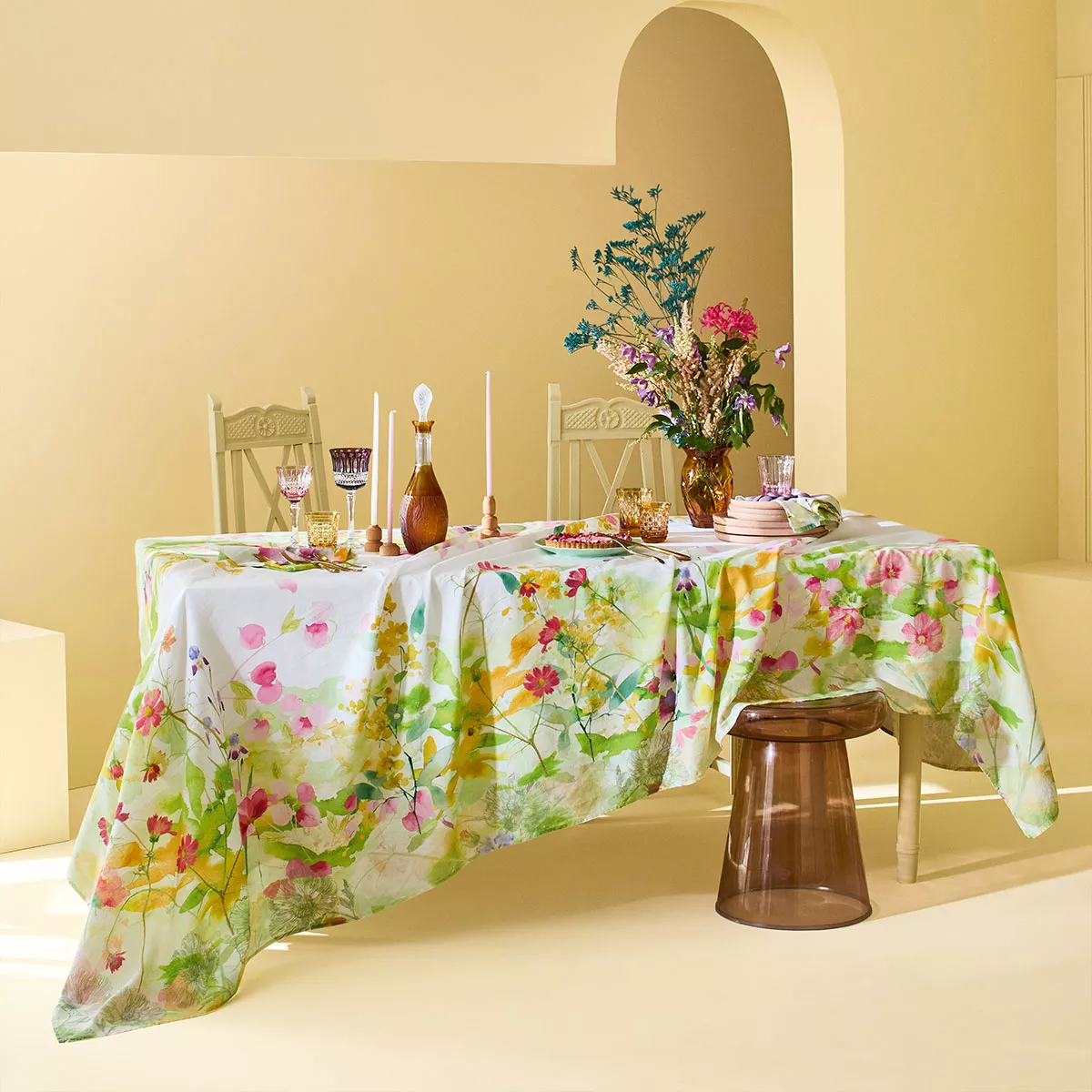 Tischwäsche set halbleinen vorgewaschen 150 g/m² bedruckt rosa gelb grün Souffle fleuri printemps