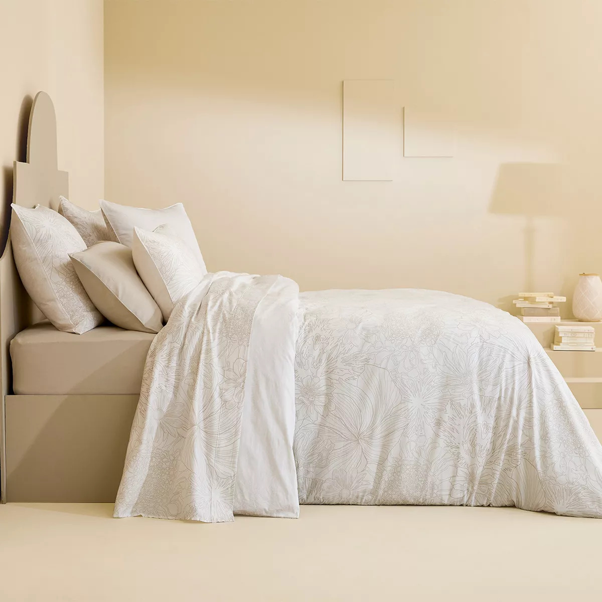 Parure de lit satin de coton imprimé beige blanc Flower power white