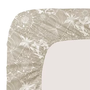 Drap housse b30 satin de coton imprimé blanc beige Flower power white