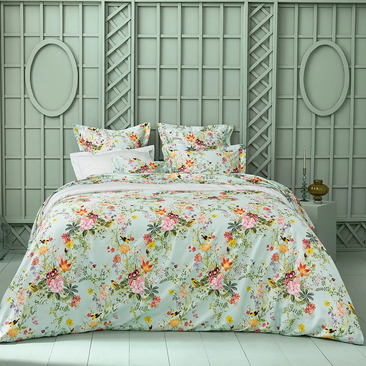 Housse de couette satin de coton 115 g/m² imprimé multicolore Primavera vert d'eau