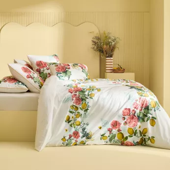 Bettbezug baumwollperkal vorgewaschen bedruckt rosa gelb Citrons de menton romance