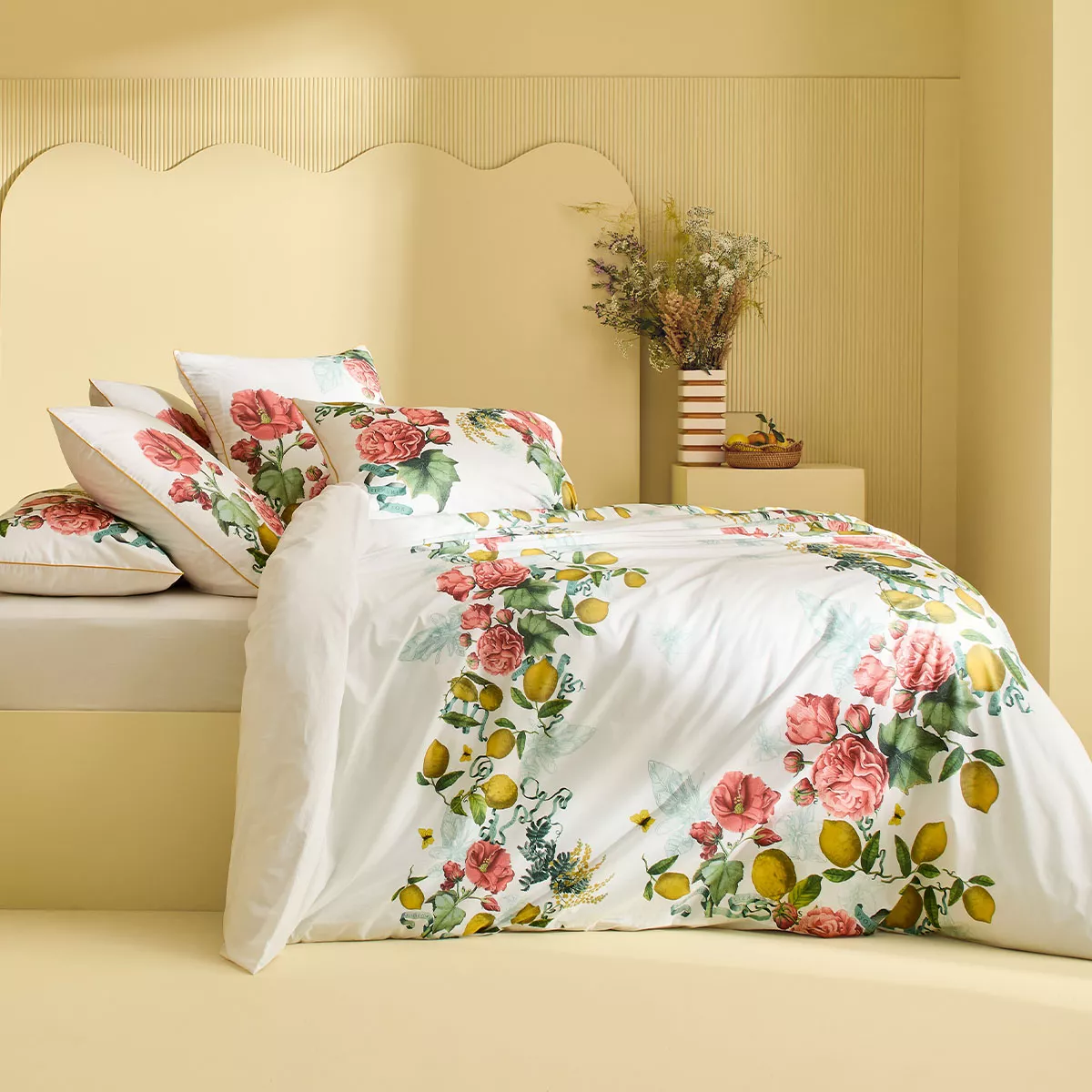 Bettbezug baumwollperkal vorgewaschen bedruckt gelb rosa Citrons de menton romance