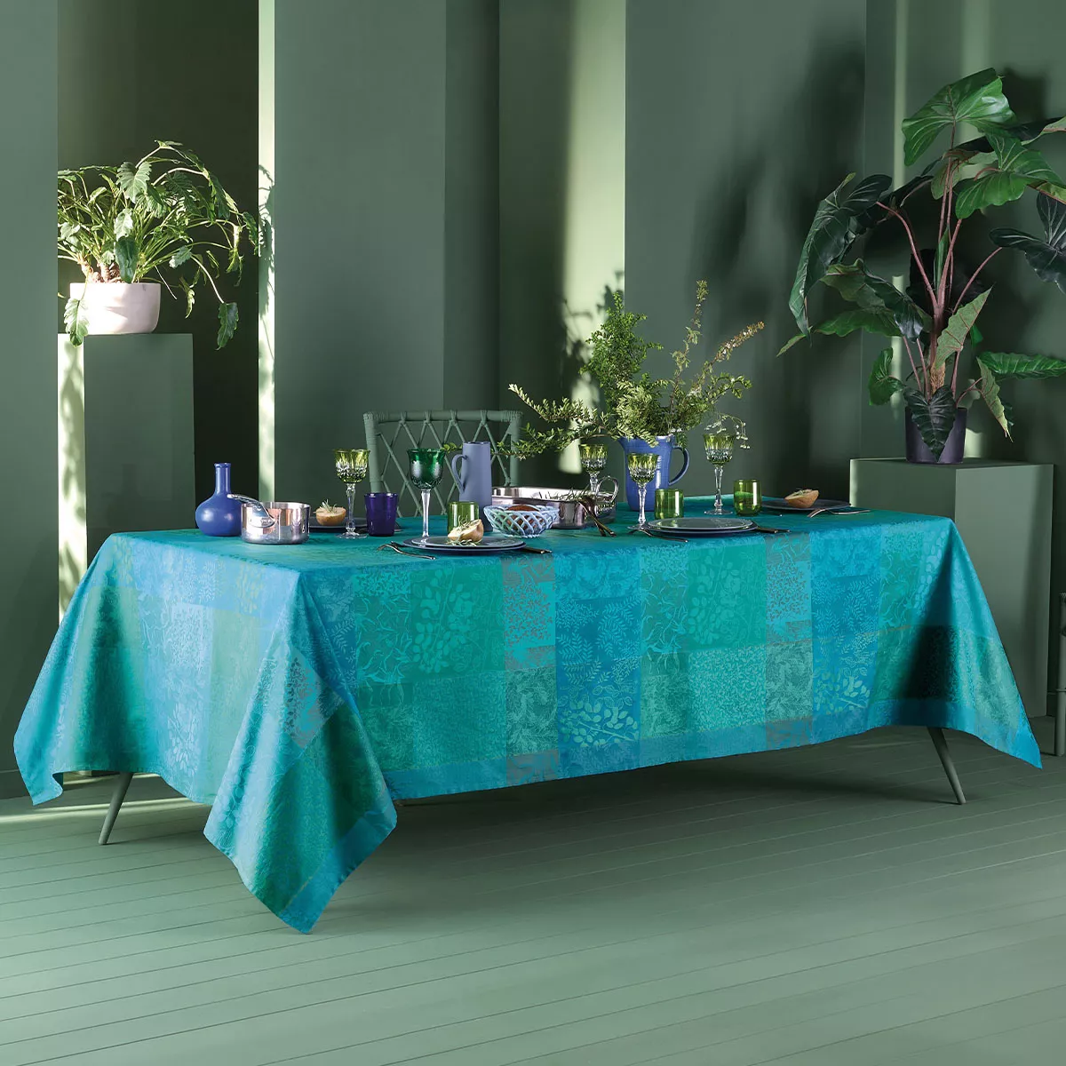 Linge de table pur coton motif jacquard vert Mille rameaux emeraude