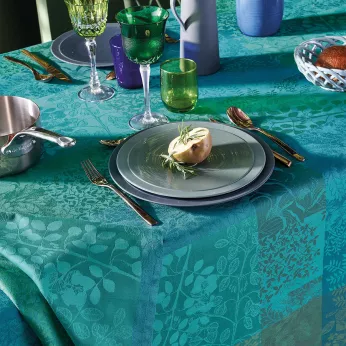 Tischdecke reine baumwolle beschichtet jacquard-muster grün Mille rameaux emeraude