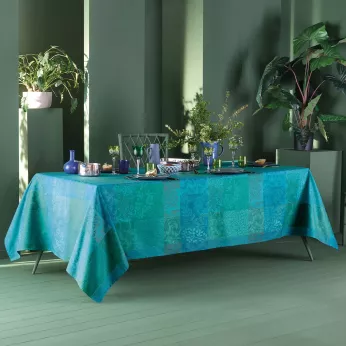 Nappe pur coton motif jacquard vert Mille rameaux emeraude