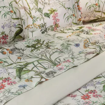 Drap plat satin de coton imprimé rose beige vert Prairie legere beige
