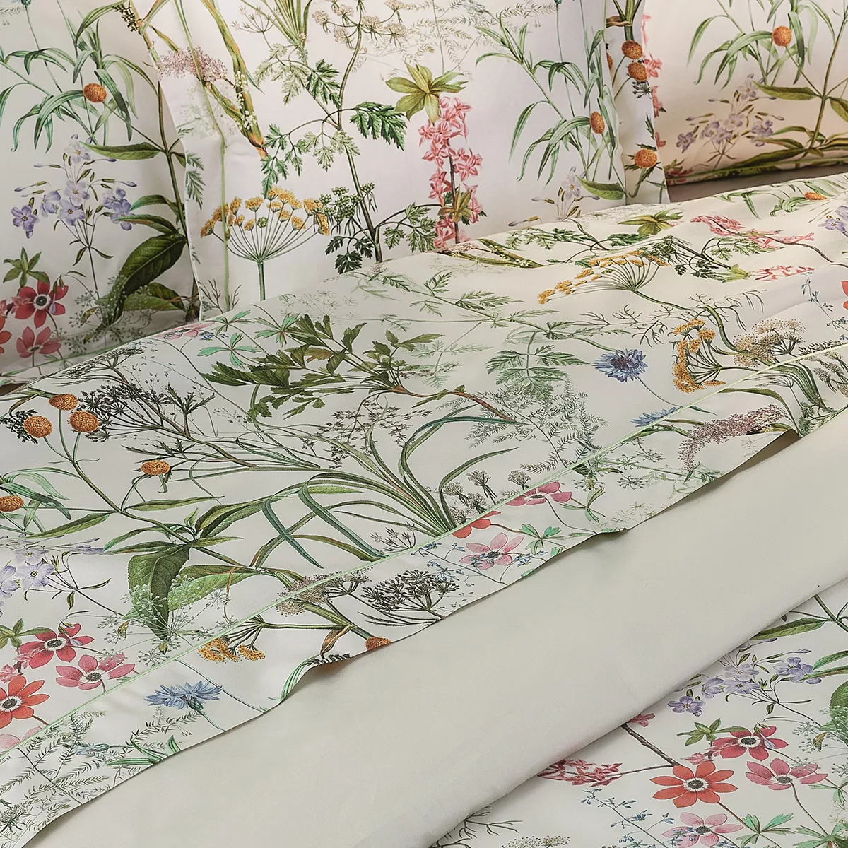 Bettlaken baumwollsatin bedruckt grün rosa beige Prairie legere beige