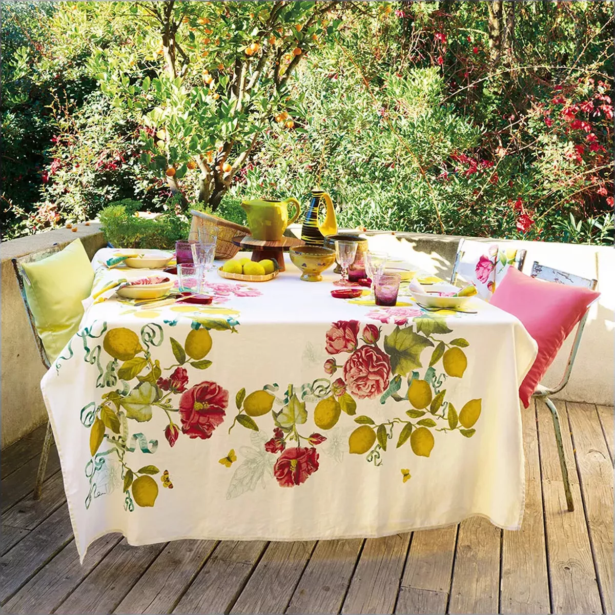 Linge de table lin & coton lavé 190 g/m² imprimé vert ivoire Citrons de menton romance