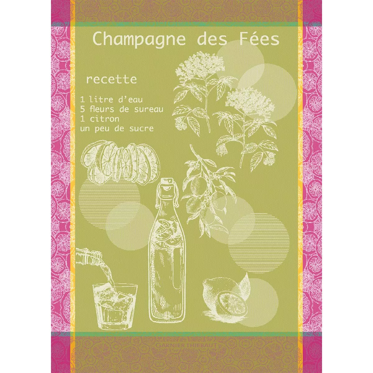 Kitchen towel 100% cotton jacquard pattern pink green Champagne des fees mousse