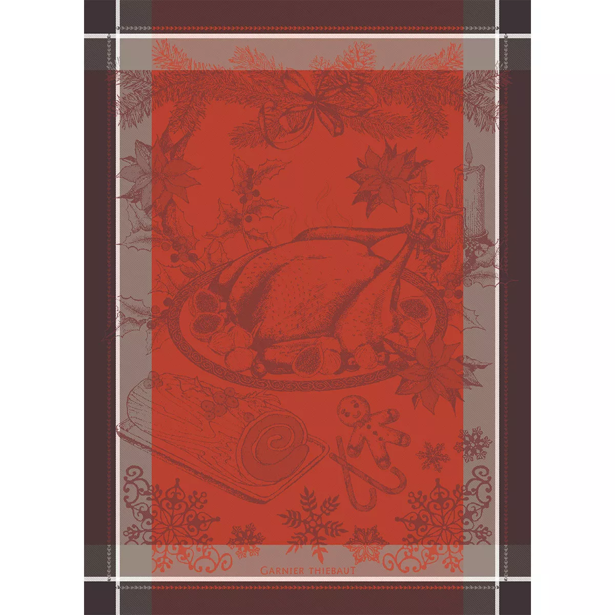 Kitchen towel 100% cotton jacquard pattern red brown Dinde de noel vermillon