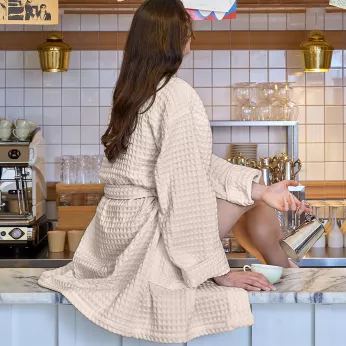 Women's bathrobe 100% cotton 240 gsm waffle beige Detente naturel