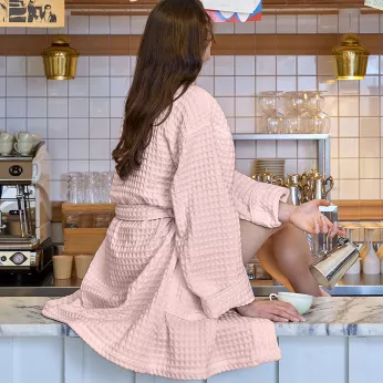 Women's bathrobe 100% cotton 240 gsm waffle pink Detente rose poudre