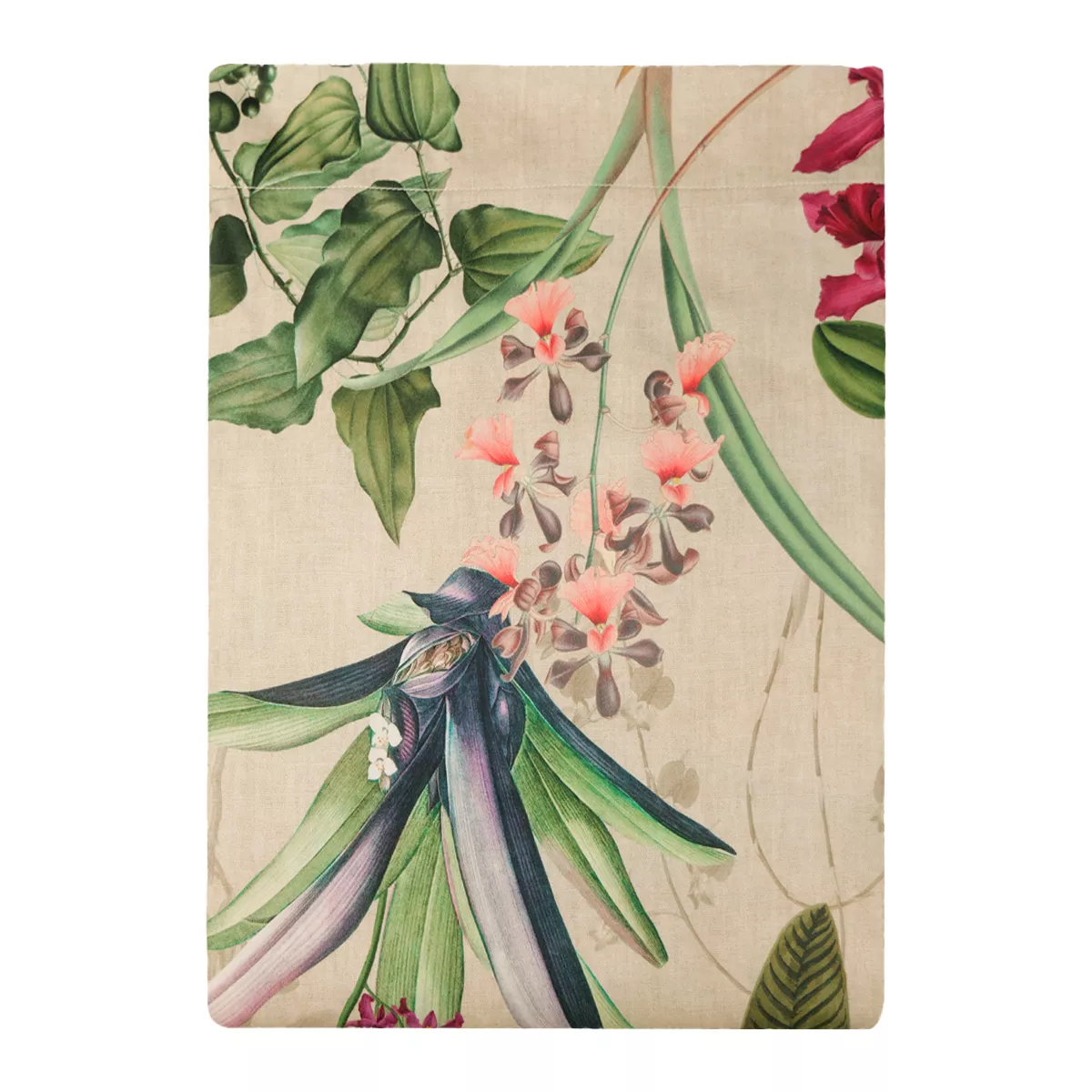 Flat sheet cotton sateen printed beige green pink Parfum d'orchidee grege