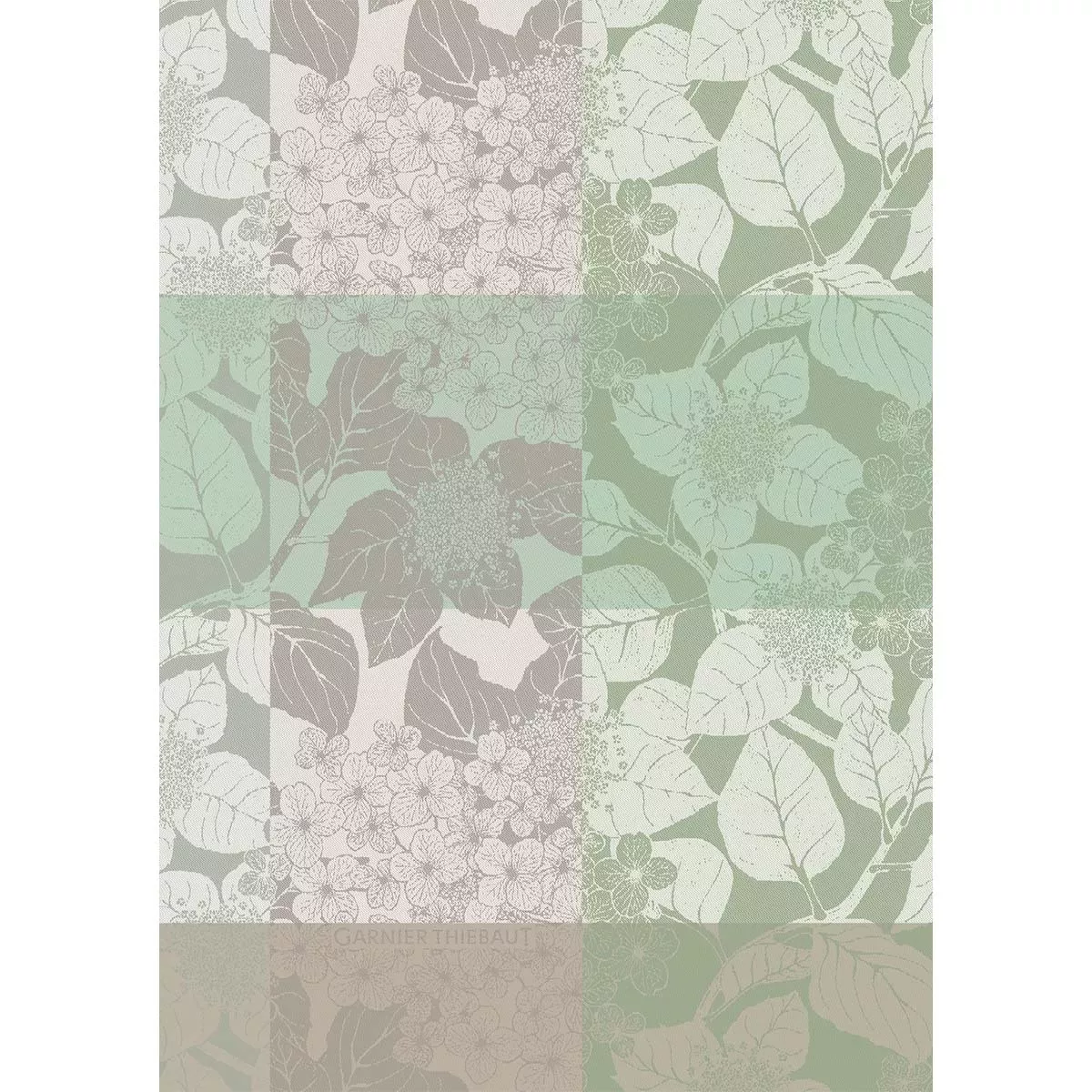 Torchon pur coton motif jacquard beige vert Mille hortensias verde
