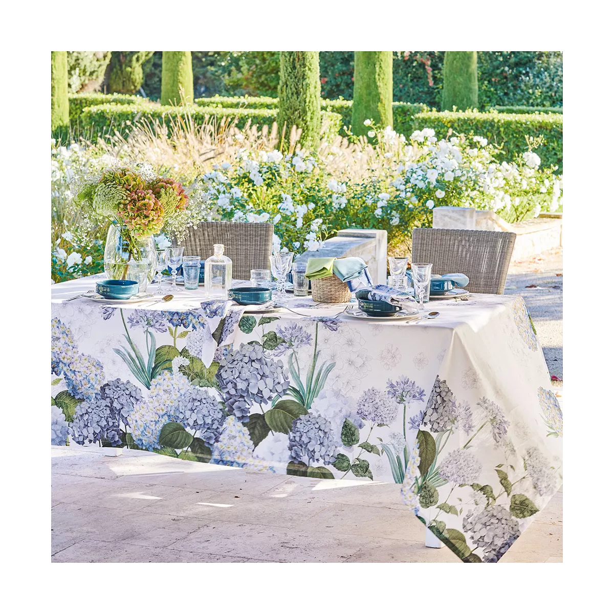 Tischwäsche set halbleinen bedruckt mehrfarbig Jardin de bretagne bleu