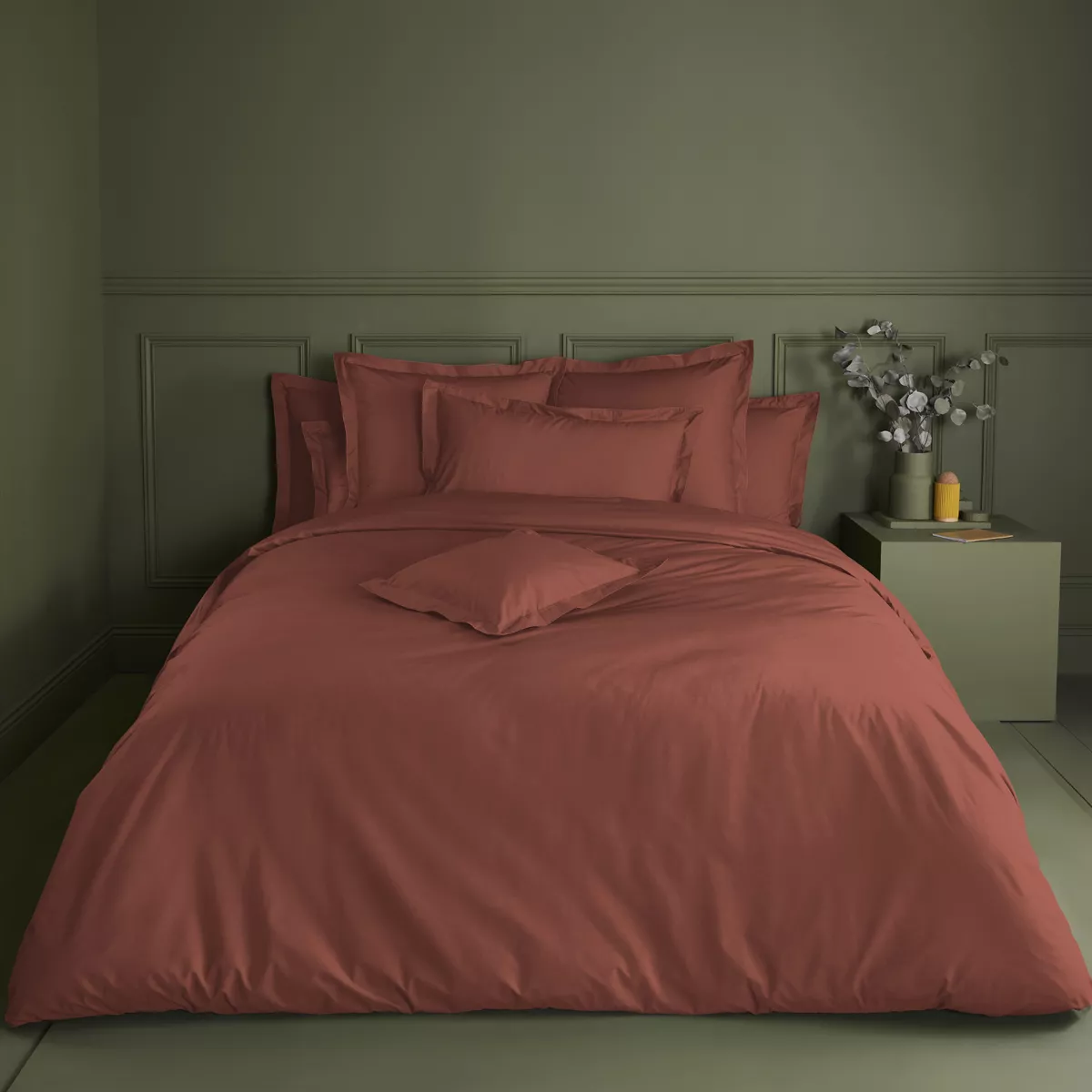Duvet cover cotton percale plain red orange La percale francaise rouille