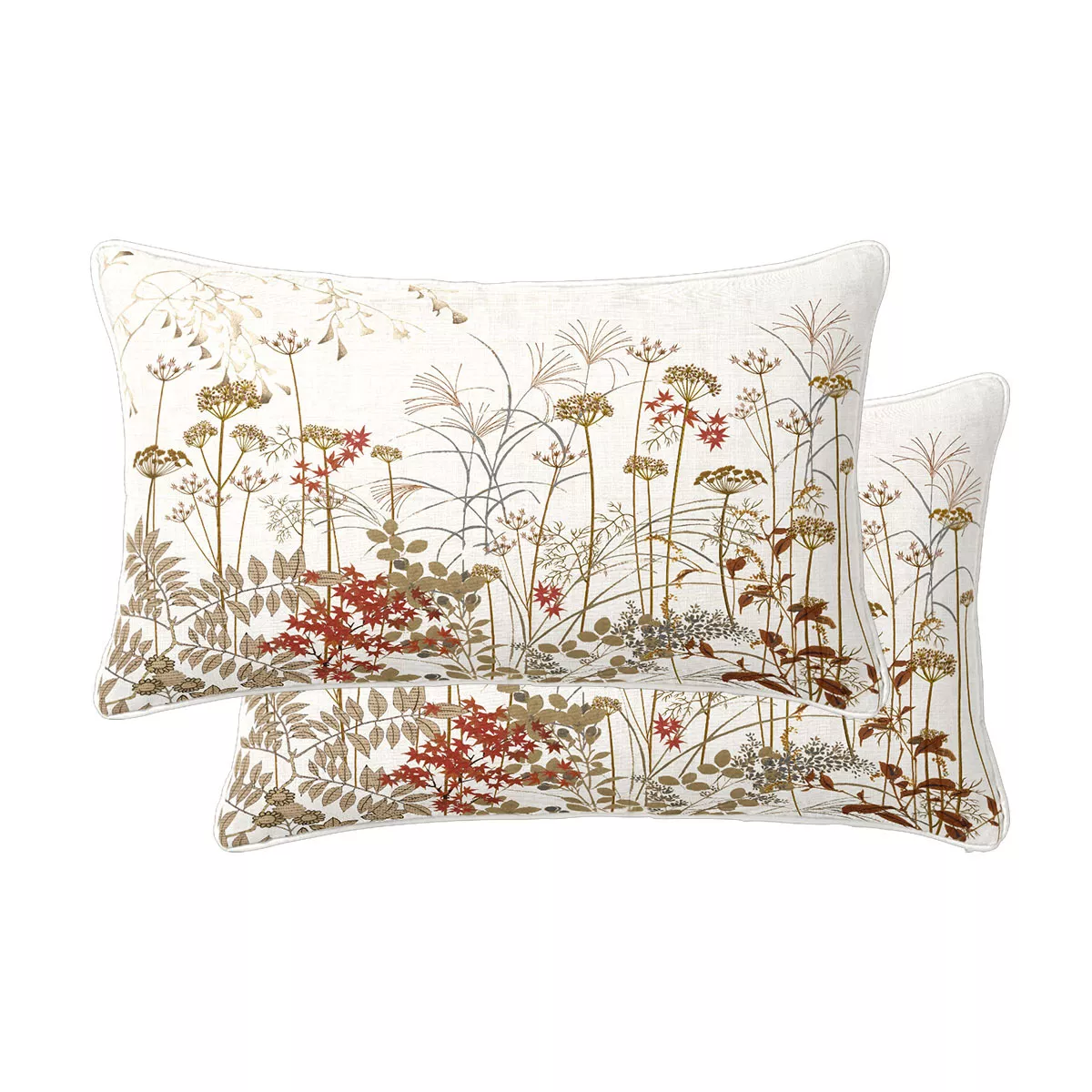 Lot de 2 taies percale de coton imprimé beige orange Erables automne