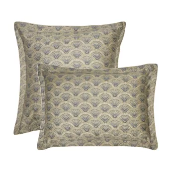 Taie d'oreiller satin de coton imprimé beige Eventails argile