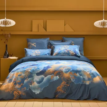 Housse de couette satin de coton imprimé bleu or Fuji nocturne