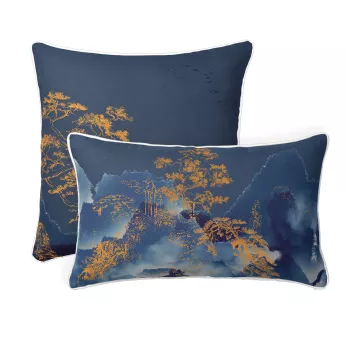 Taie d'oreiller satin de coton imprimé bleu or Fuji nocturne