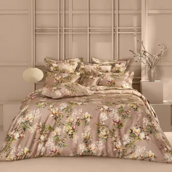 Duvet cover cotton sateen printed pink Magnolias rose fume