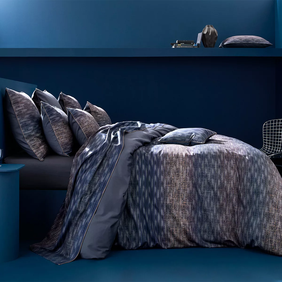 Duvet cover cotton sateen printed navy blue orange Mist nocturne