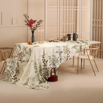 Nappe lin & coton lavé 150 g/m² imprimé beige Bambous parchemin