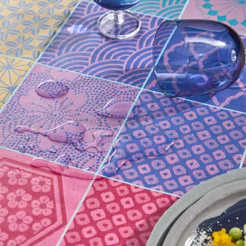 Tablecloth 100% cotton coated jacquard pattern orange purple Mille hana floralies