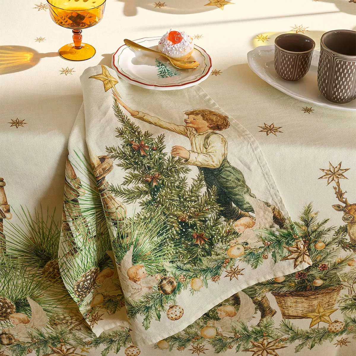 Napkin linen & cotton prewashed 150 gsm printed beige green Noel vintage dore