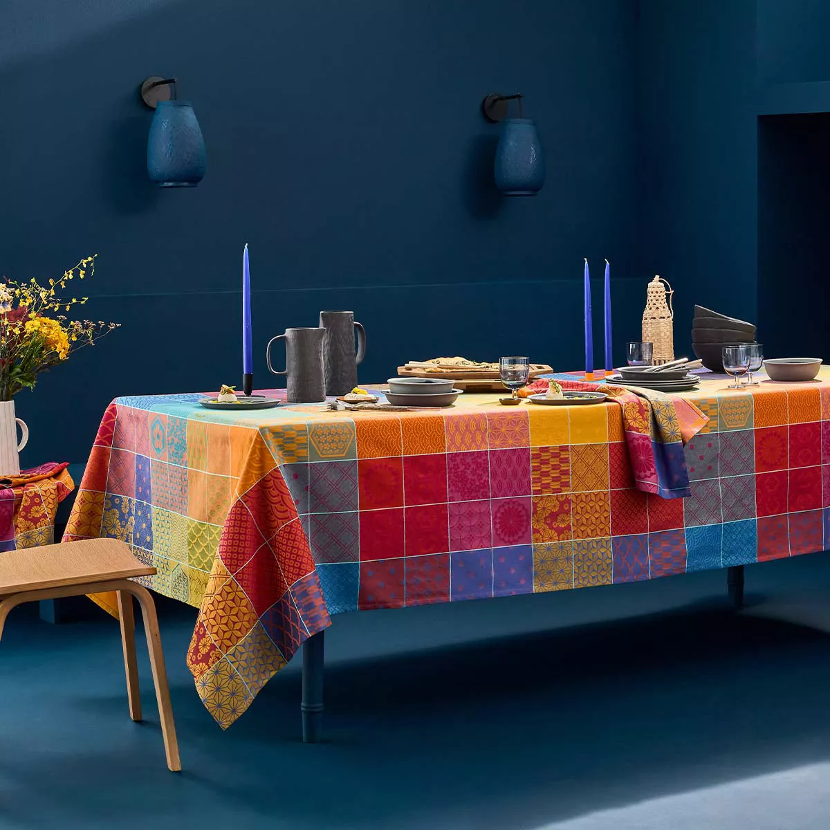 Table linen set 100% cotton jacquard pattern purple orange Mille hana floralies
