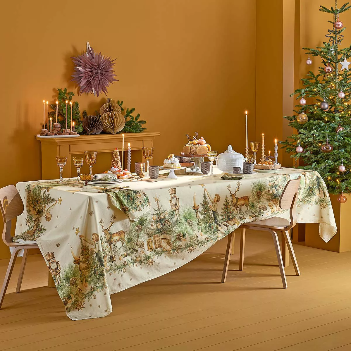 Table linen set linen & cotton prewashed 150 gsm printed green beige Noel vintage dore
