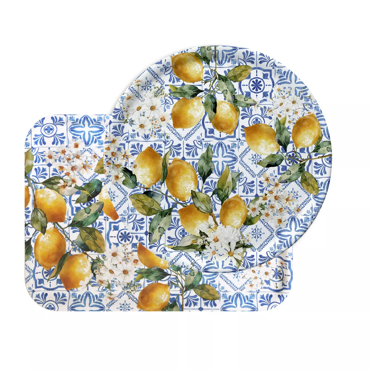 Plateau wood printed green yellow Citrons azulejos bleu