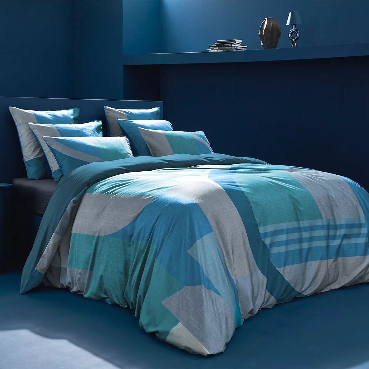 Duvet cover + pillowcases cotton sateen printed teal blue Livio petrole