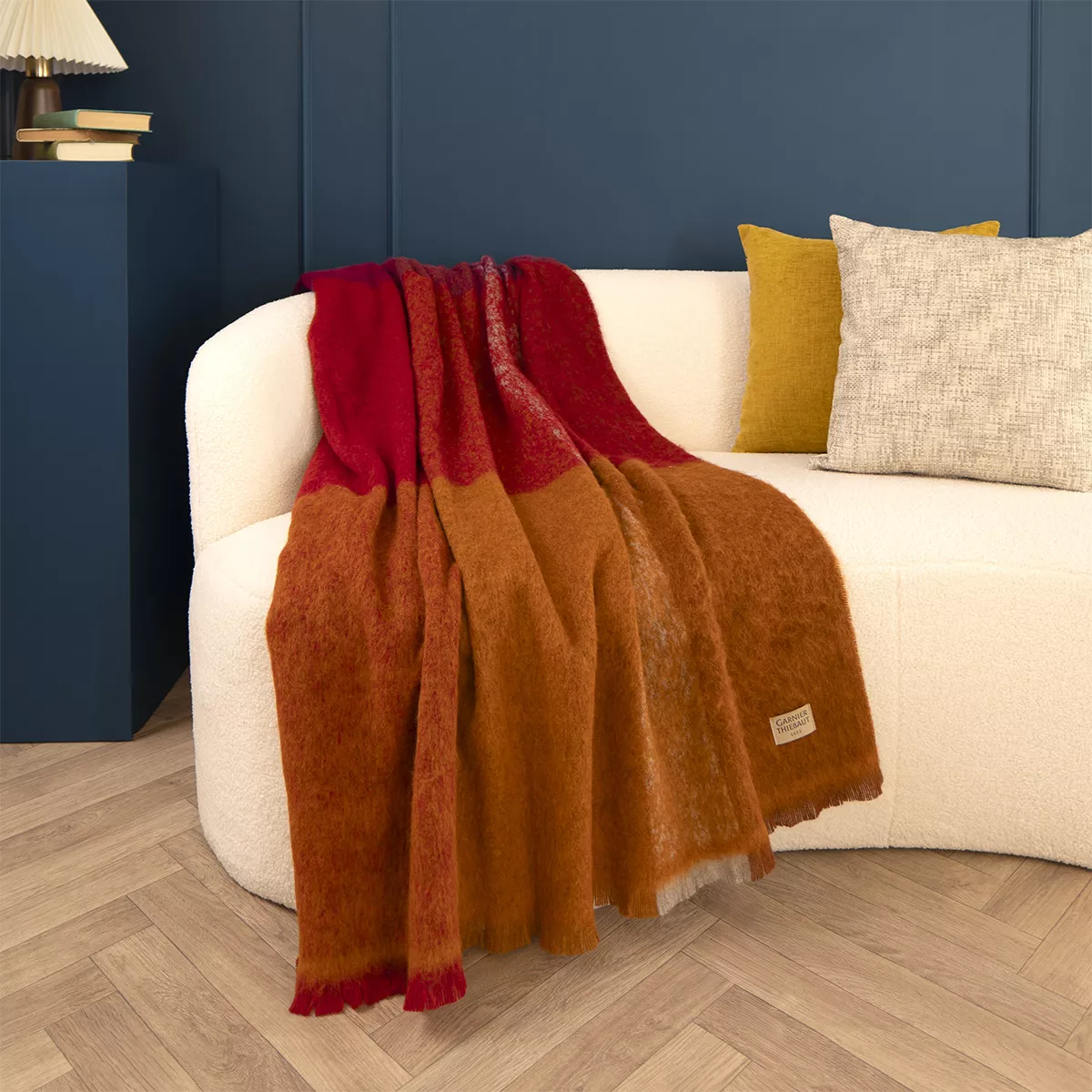 Plaid laine & autres fibres 200 g/m² motif jacquard orange bordeaux Mohaira ambre flamboyant