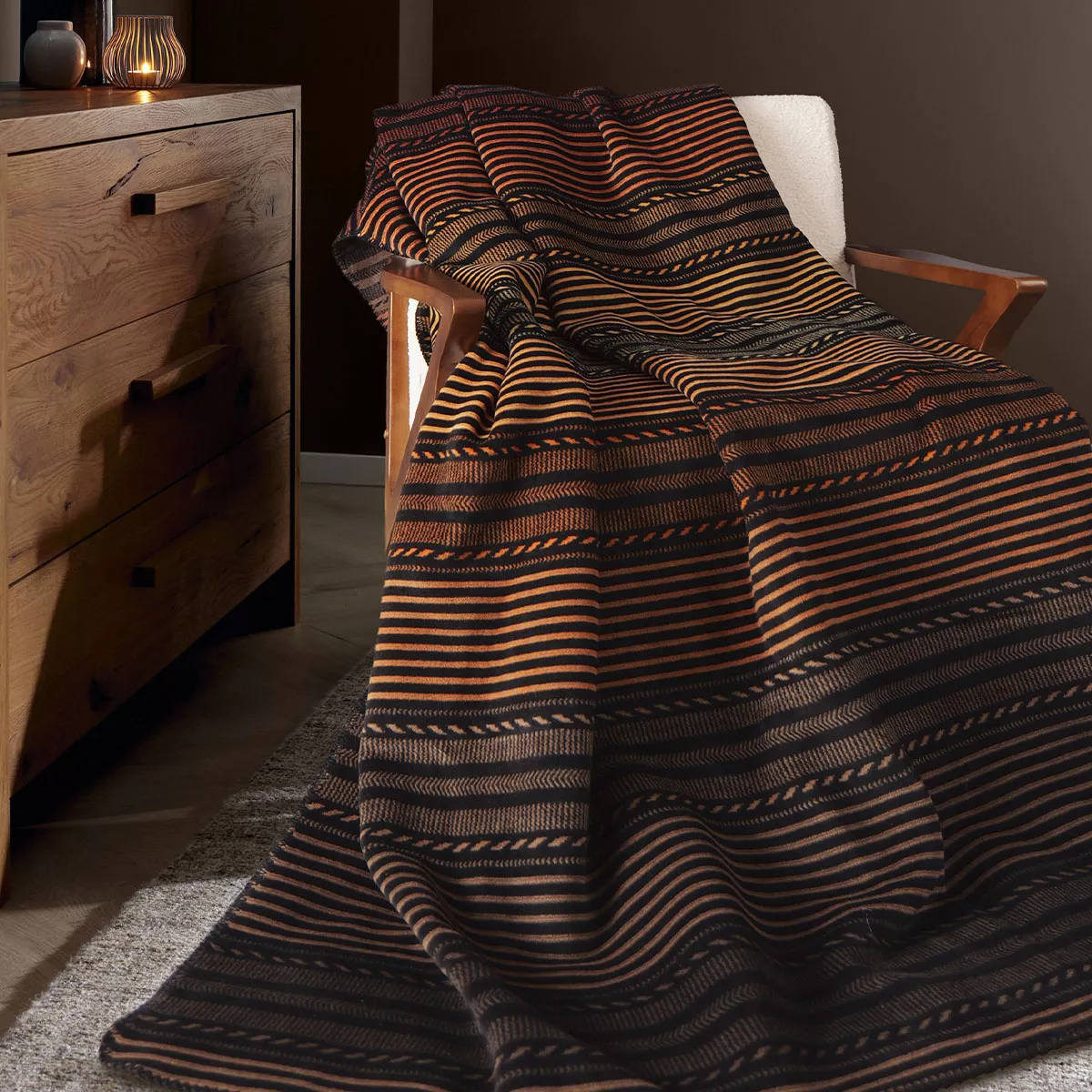 Plaid cotton blend 415 gsm jacquard pattern black orange Bambous ocre