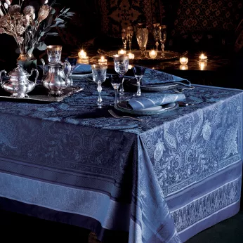 Nappe coton mélangé antitache motif jacquard bleu Persina crepuscule