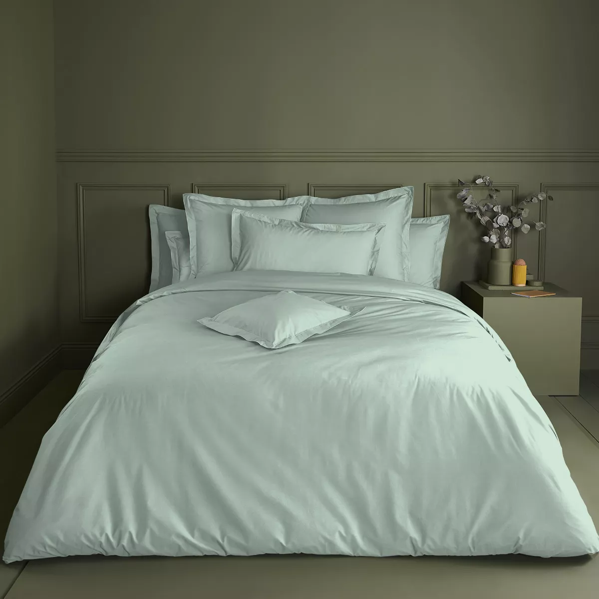 Housse de couette percale de coton uni vert bleu La percale francaise givre