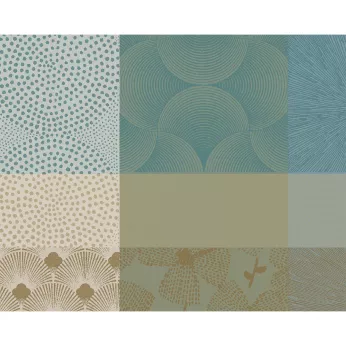 Table set 100% cotton coated jacquard pattern blue beige Mille zen ecume