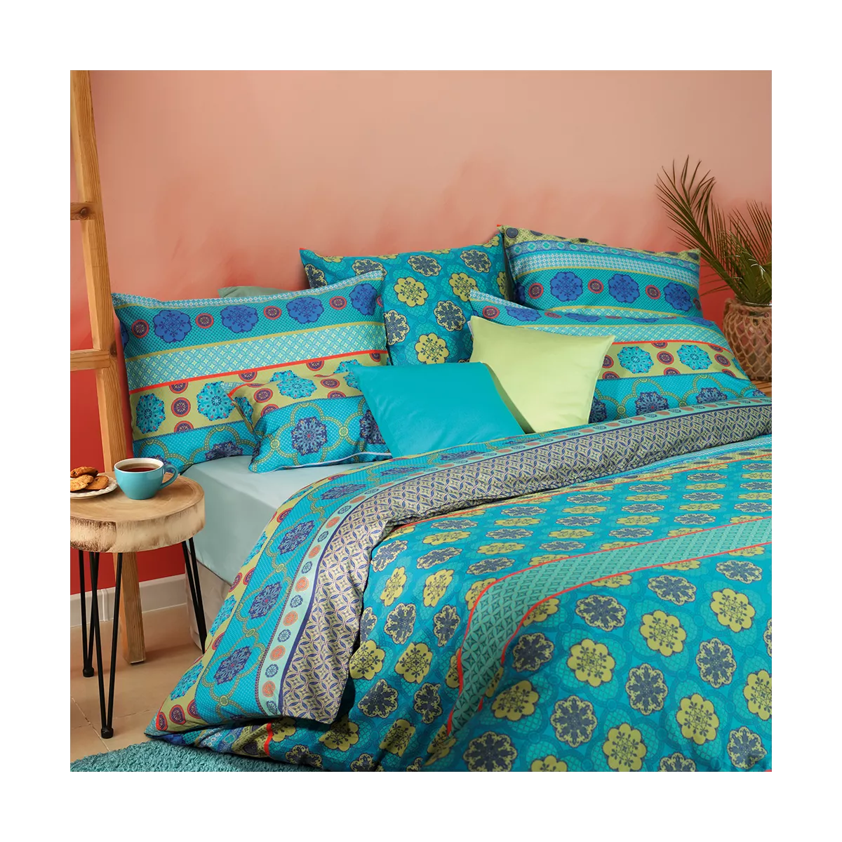 Garnitur : 1 bettbezug + 2 kkb baumwollsatin 115 g/m² bedruckt blau Rosalia turquoise