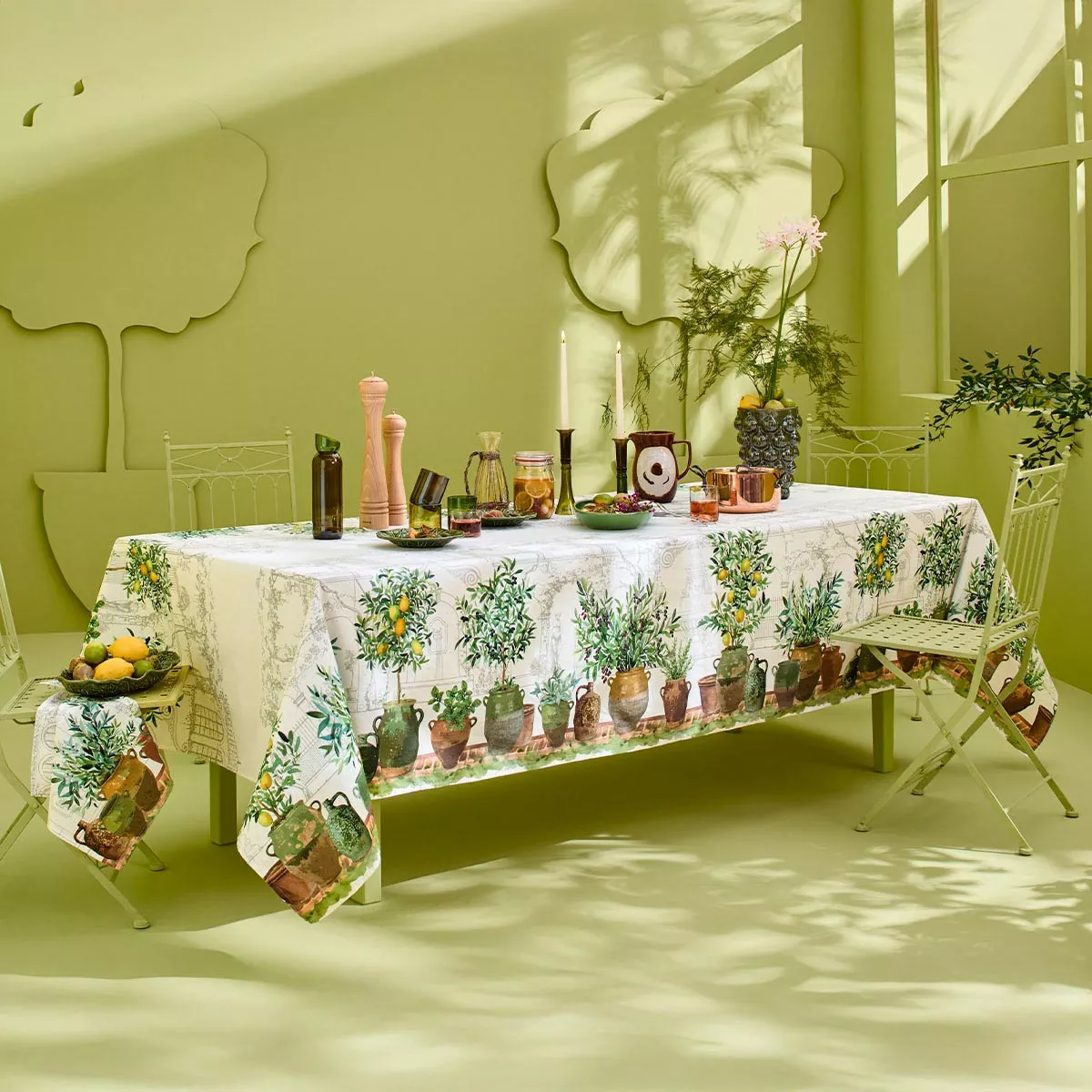 Table linen set linen & cotton prewashed 190 gsm printed brown green Jardin provencal olive