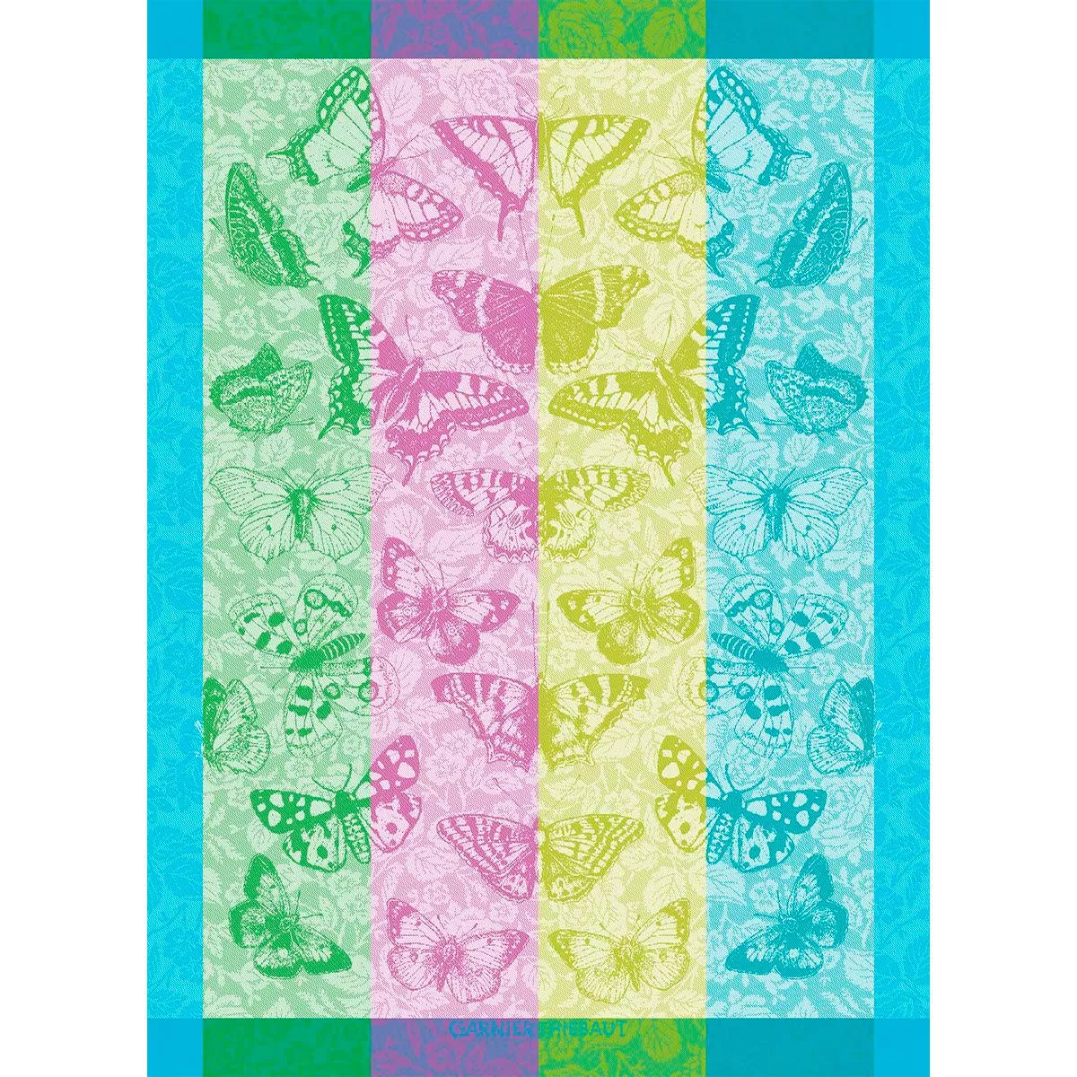 Torchon pur coton motif jacquard vert bleu Beaux papillons aquatique