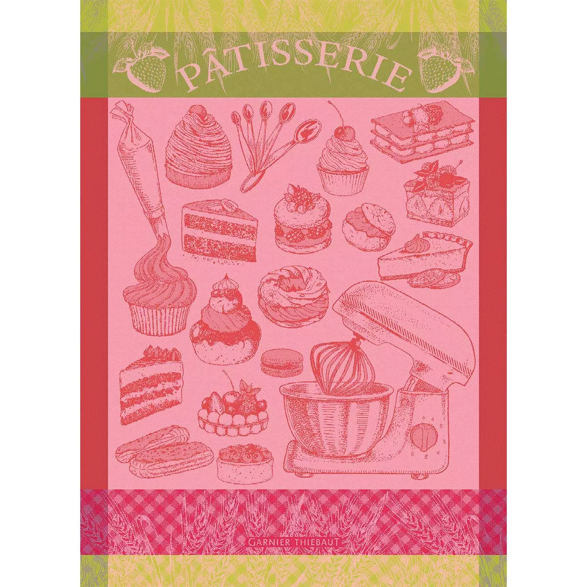 Torchon pur coton motif jacquard vert rose La patisserie rose