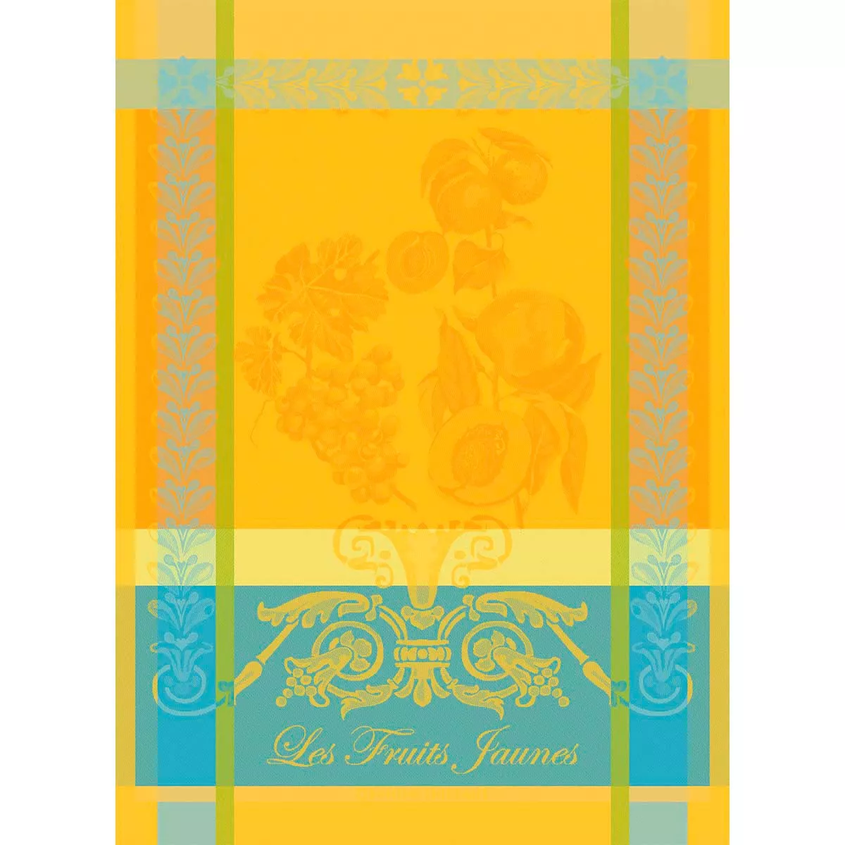 Torchon pur coton motif jacquard jaune bleu Les fruits jaunes soleil