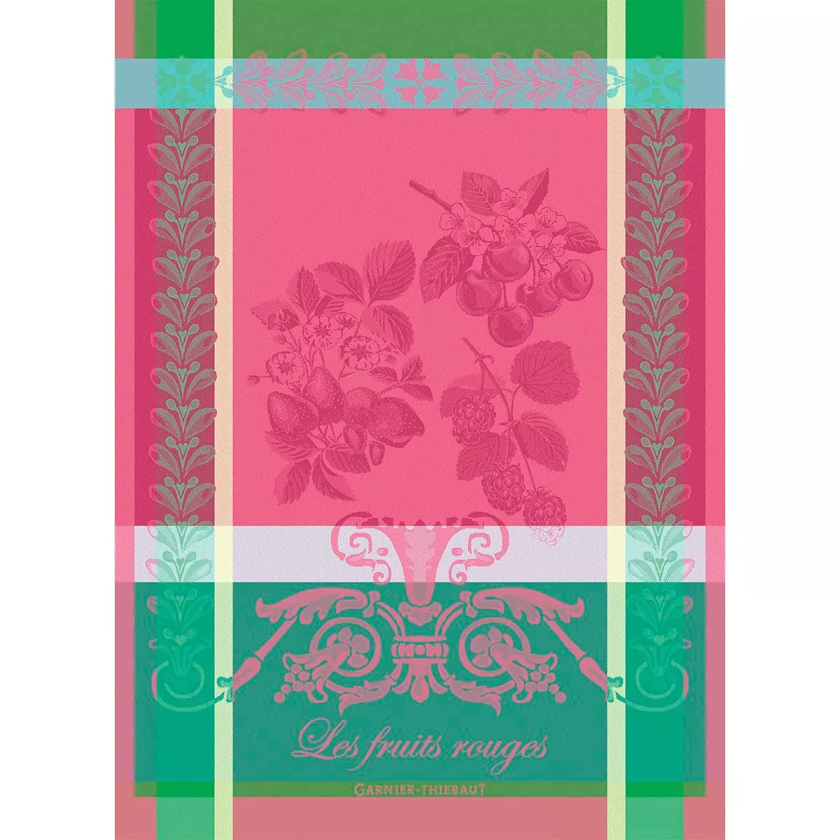 Torchon pur coton motif jacquard vert rose Les fruits rouges framboise