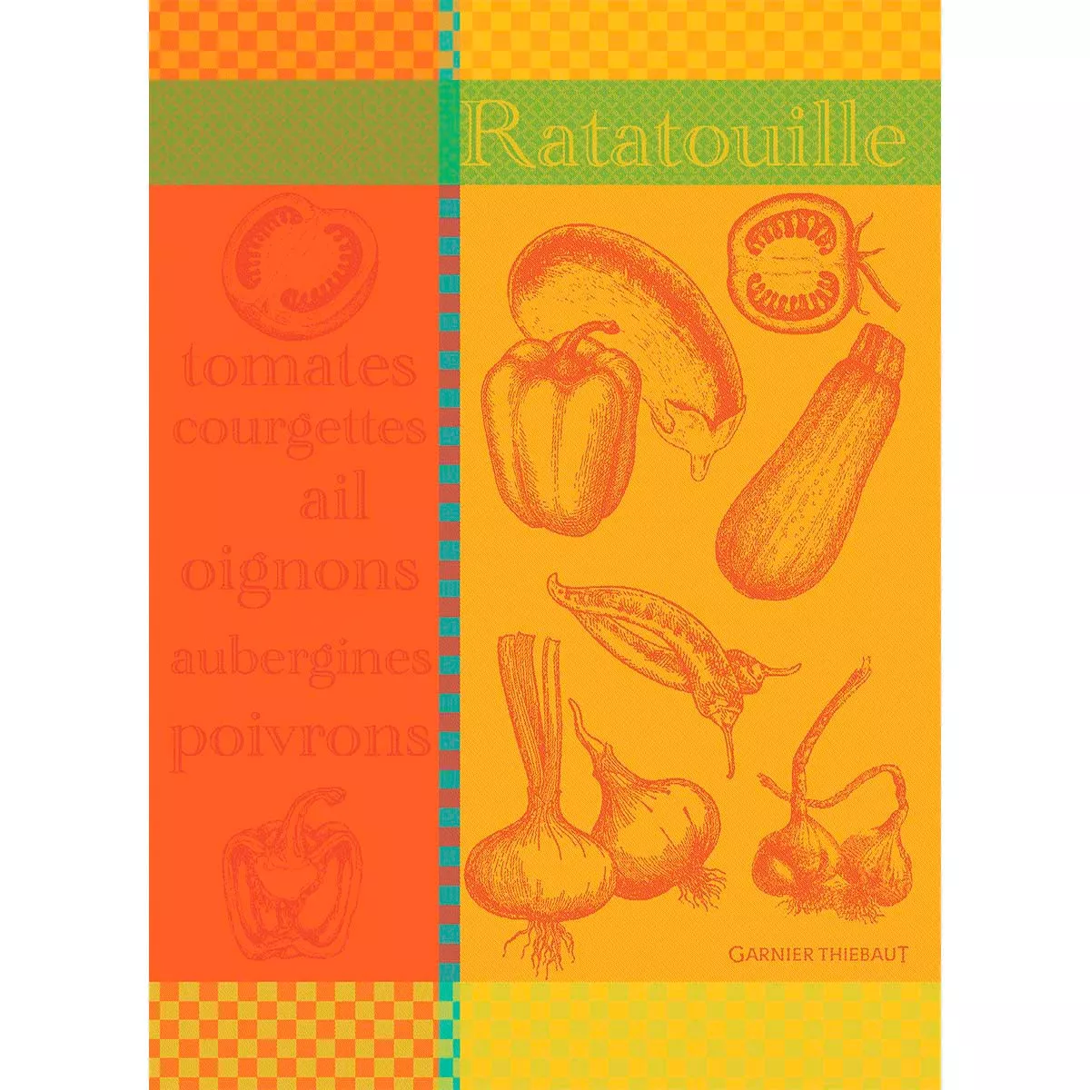 Torchon pur coton motif jacquard orange jaune Ratatouille cuivre
