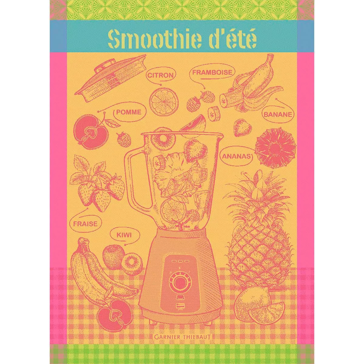 Torchon pur coton motif jacquard jaune rose Smoothie d'ete fruite