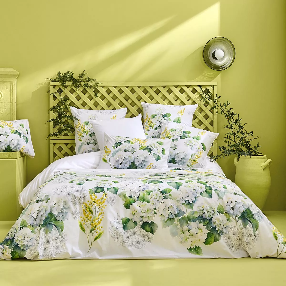 Lot h.couette +taies percale de coton imprimé jaune blanc Annabelle mimosa